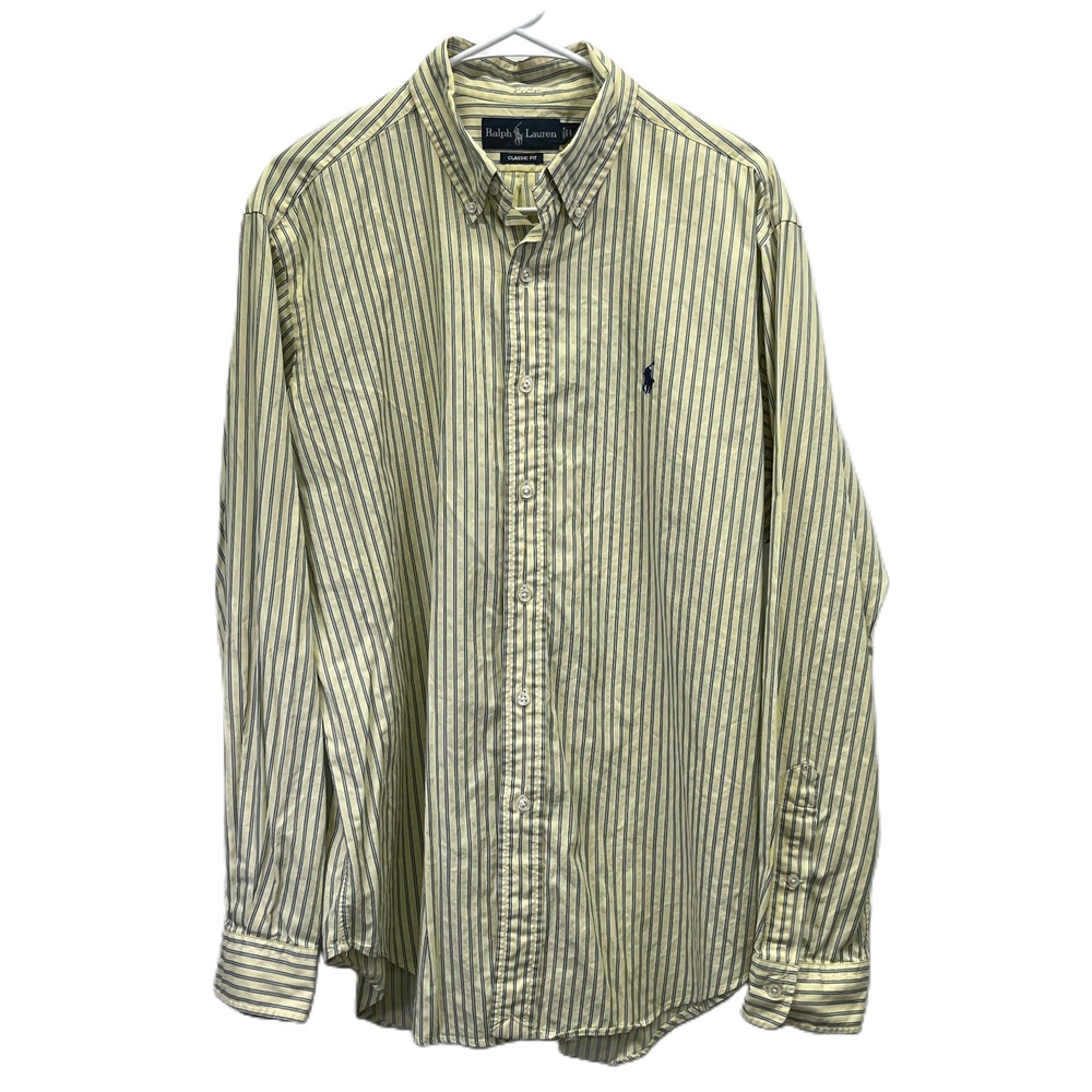 Ralph Lauren Classic Fit Cotton Yellow Striped Long‎ Sleeve Button Down Shirt Lg